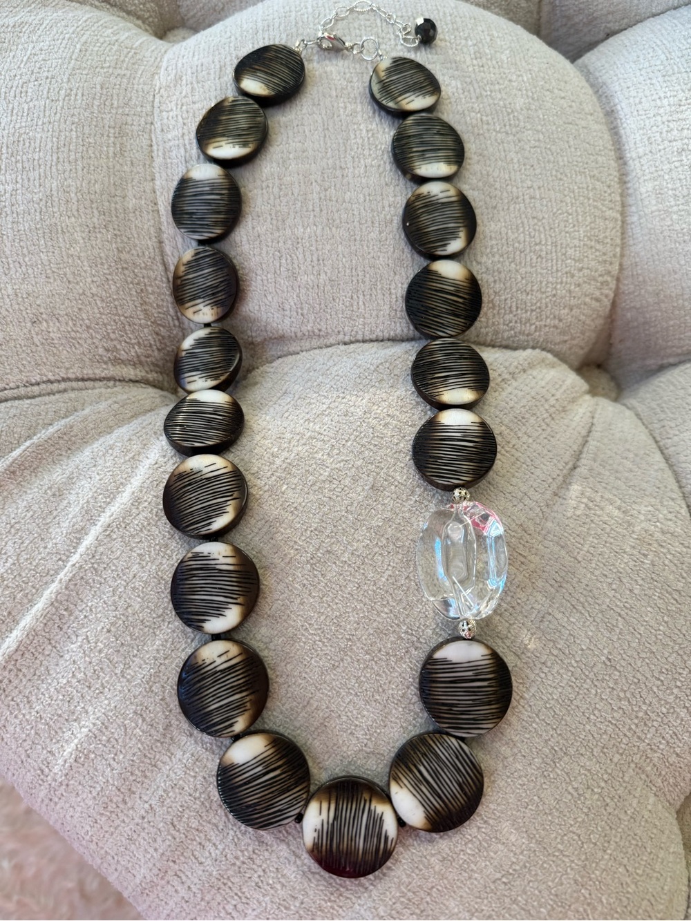 Handcrafted Black and Cream Disc Necklace with Clear Glass Accent